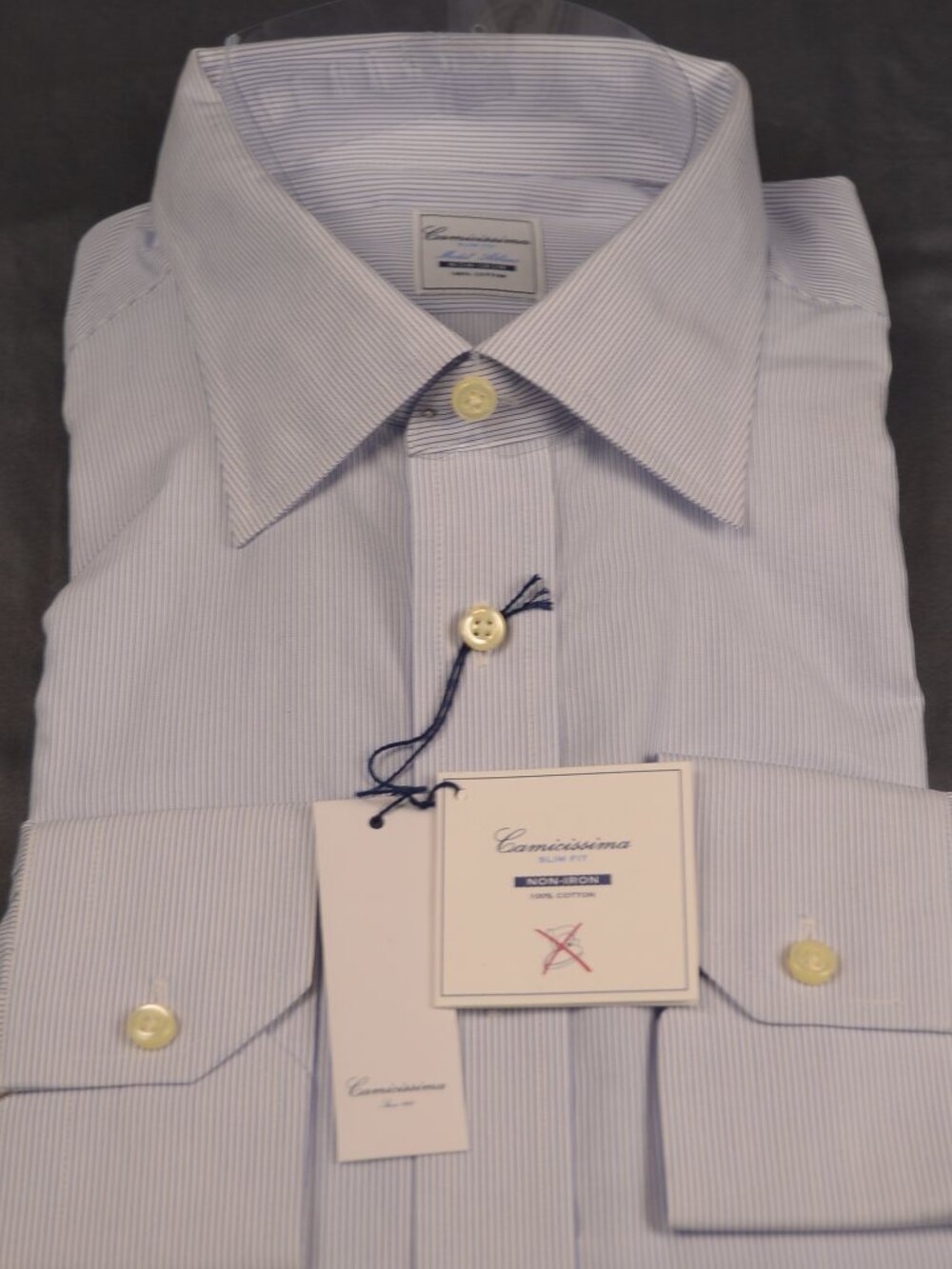 Camicissima Milano "Athens" Non-Iron Dress Shirt Blue White Stripe 18.5 Slim Fit